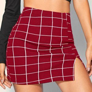 red split front grid skirt